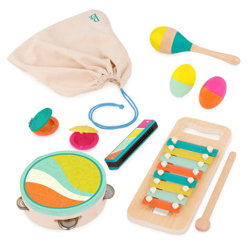 B. Toys- Make A Melody- 9Pc Wooden Musical Instruments – Xylophone, Tambourine, Harmonica – Drawstring Storage Bag – 2 Years +