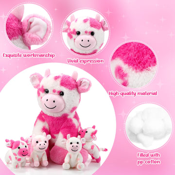 Sumind 5 Pcs Cow Plush Animals Set 13.78 Inch Mommy Cow Stuffed Animal With 4 Baby Cute Calf In Her Tummy Mommy And Small Plush For Baby Shower Boys Girls(Adorable)