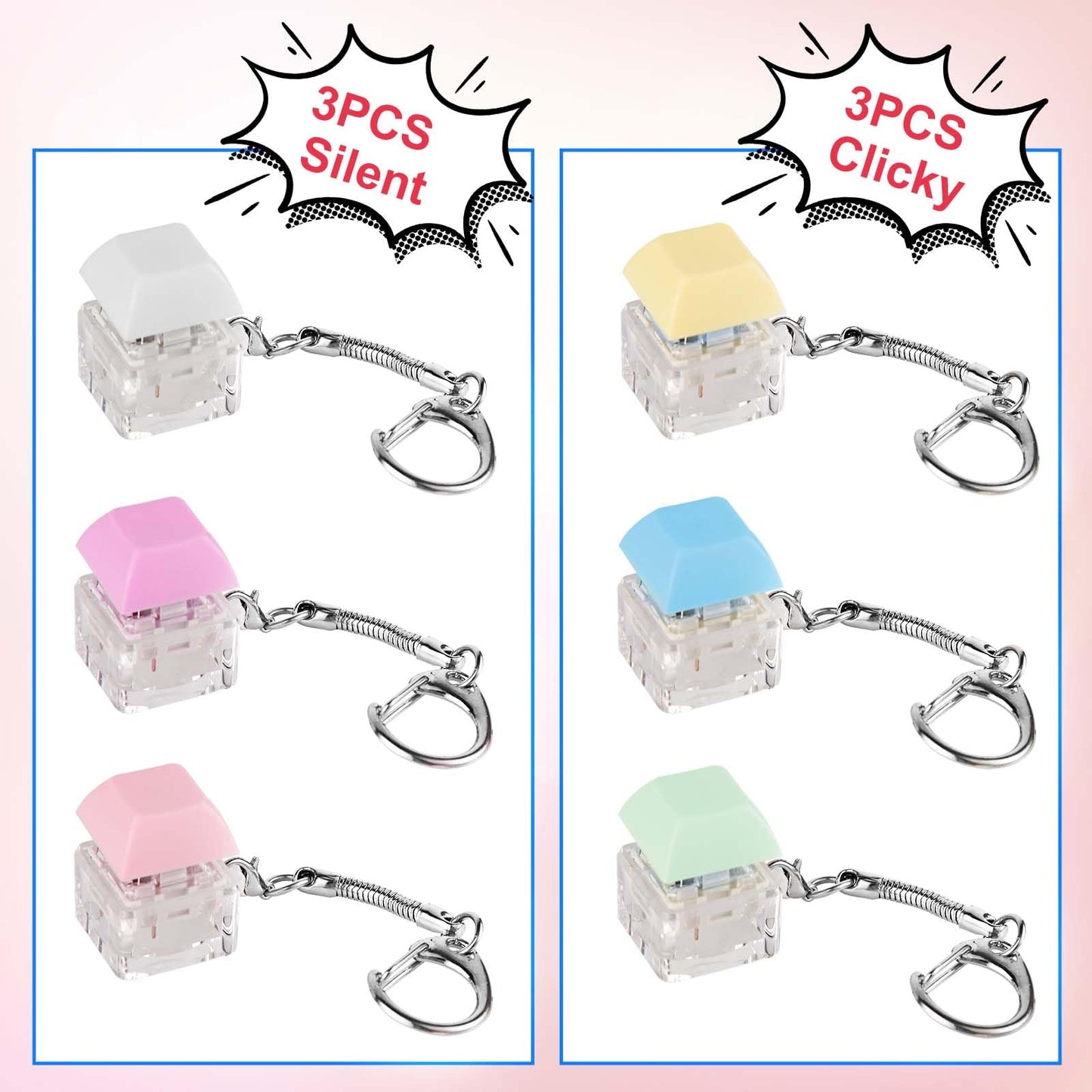 6pcs Keyboard Fidget Toy, Clicky & Silent Fidget Keyboard Keychain Multicolored Mechanical Keyboard Fidget Funny Button Fidget T