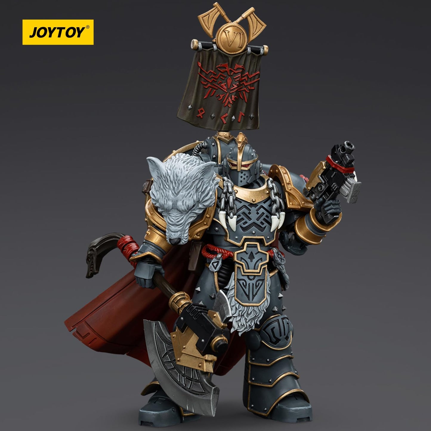 JOYTOY Warhammer 40k Space Wolves Action Figure, 1/18 Scale, Praetor with Power Axe & Shield, Mssus-00133-241226, ABS Material