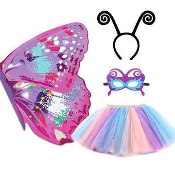 D.Q.Z Fairy Butterfly-Wings Costumes For Girls Dress Up Clothes Rainbow Tutu Mask Headband Role Play Toys For Girl 3-8 Gift (Pur
