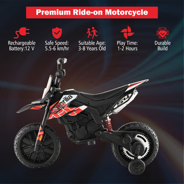 Infans Kids Motorcycle 12V, Licensed Aprilia Rx125 Electric Ride On Motorbike For Toddlers With Training Wheels, Spring Suspension, Headlight, Music, Children Ages 3-8 (Red)