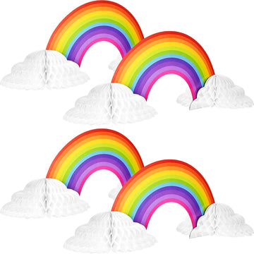 Willbond Rainbow Honeycomb Paper Centerpiece Rainbow Cloud No Crease Converting Centerpieces For Christmas Birthday Party Tables Decoration(4 Pieces)