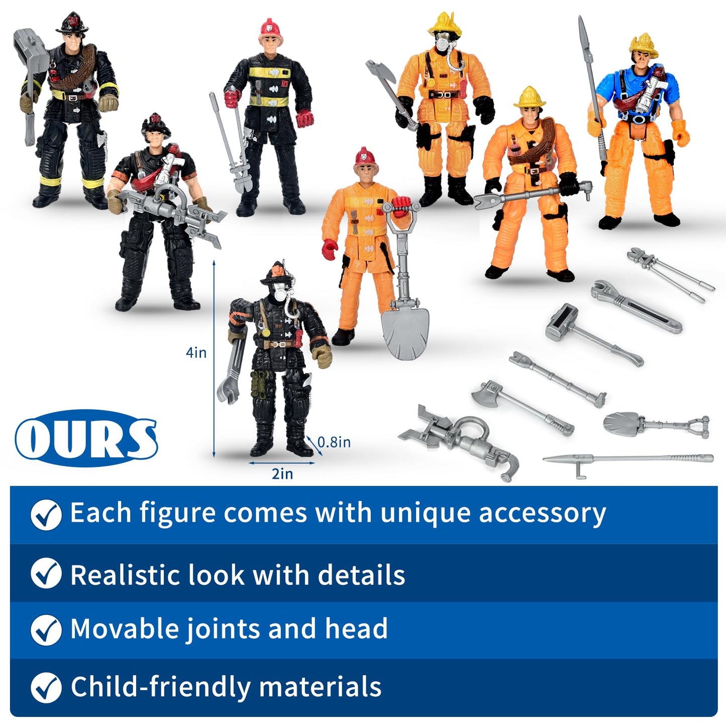 8 Pieces Firefighter Action Figures, Fireman Toys For 3 4 5 6 7+ Year Old Boys, 4-Inch Toy Figure & Playsets With Accessories, Ideal Gifts For Boys Girls Kids, Christmas Stocking Stuffers Party Favor
