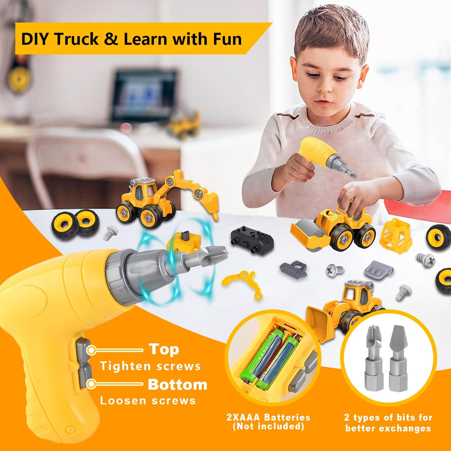 Trovogil Take Apart Construction Truck Excavator Toy, STEM Building Set, 1:64 Scale, Educational Plastic Toy for Kids Ages 3-8
