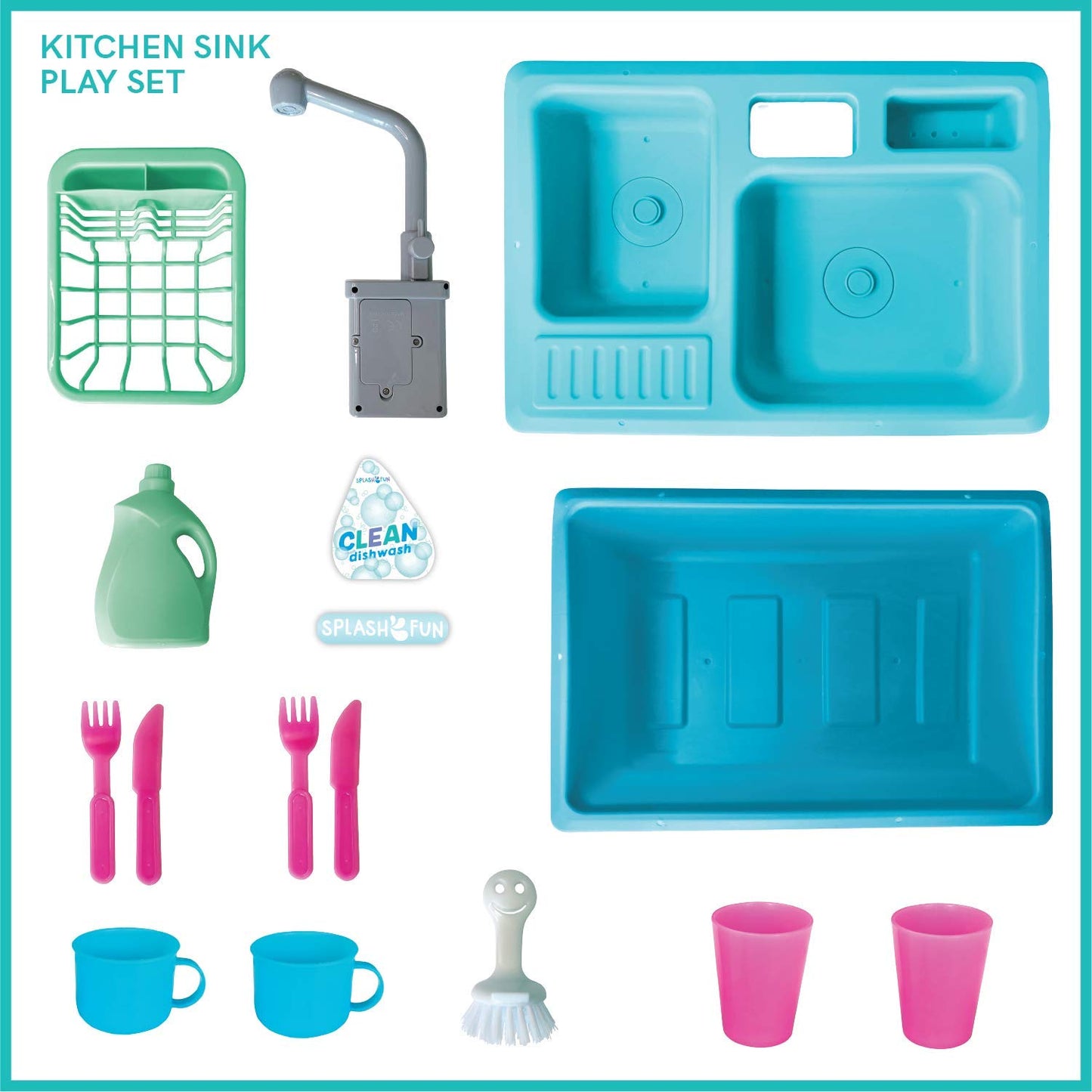 The Bubble Factory SPLASHFUN Wash-up Kitchen Sink Play Set, Color Changing Play Cups & Accessories, Running Water Pretend Play,