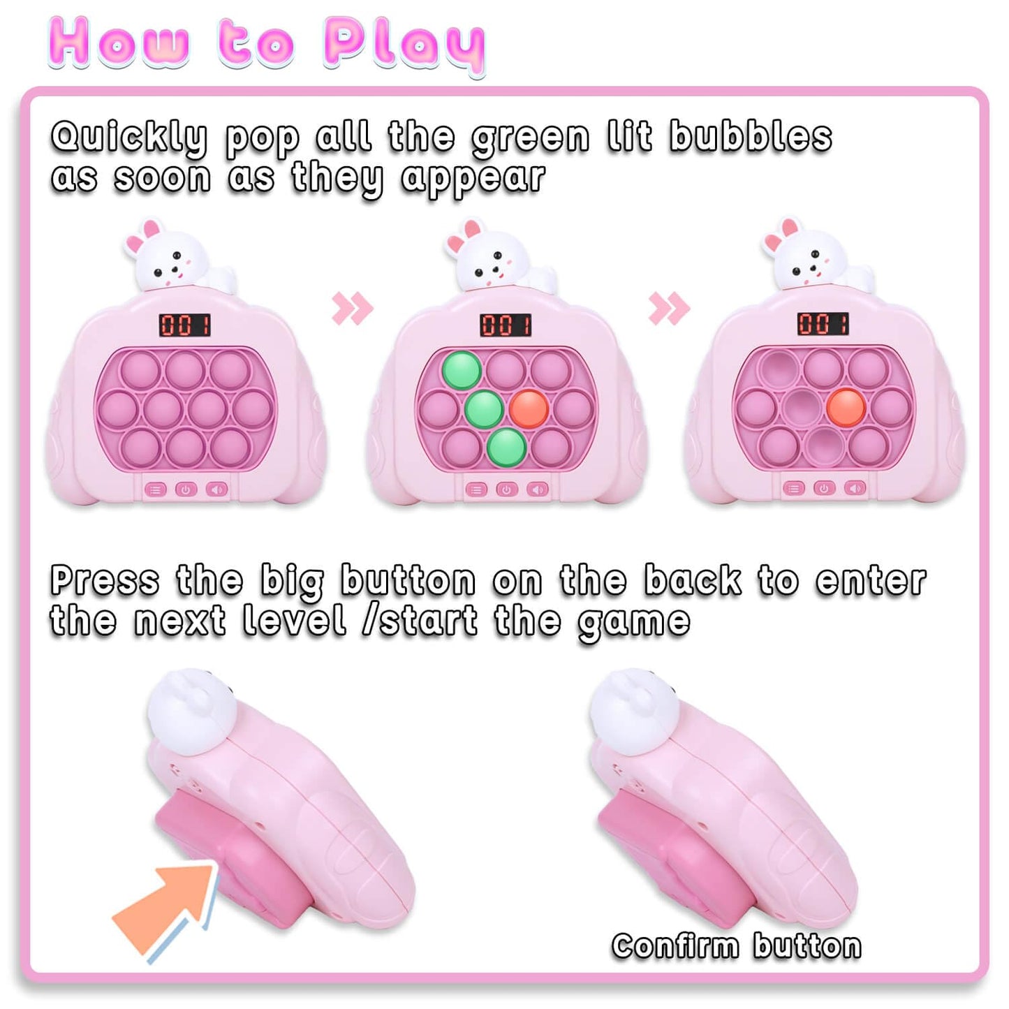 HLXY Quick Push Pop Game Fidget Toy - Upgraded Light Up, 12 Modes, Medium Size, Pink, ABS Material, Ideal for Kids 3-12, Great Gift