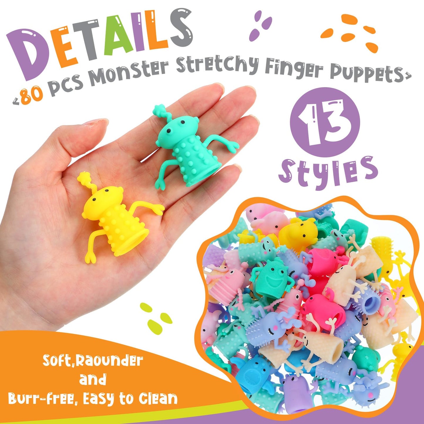 Motionchic 80 Pcs Finger Puppets Toys Cute Monster Puppet Soft Rubber Finger Toys Of Monster Little Devil Pattern Finger Doll To
