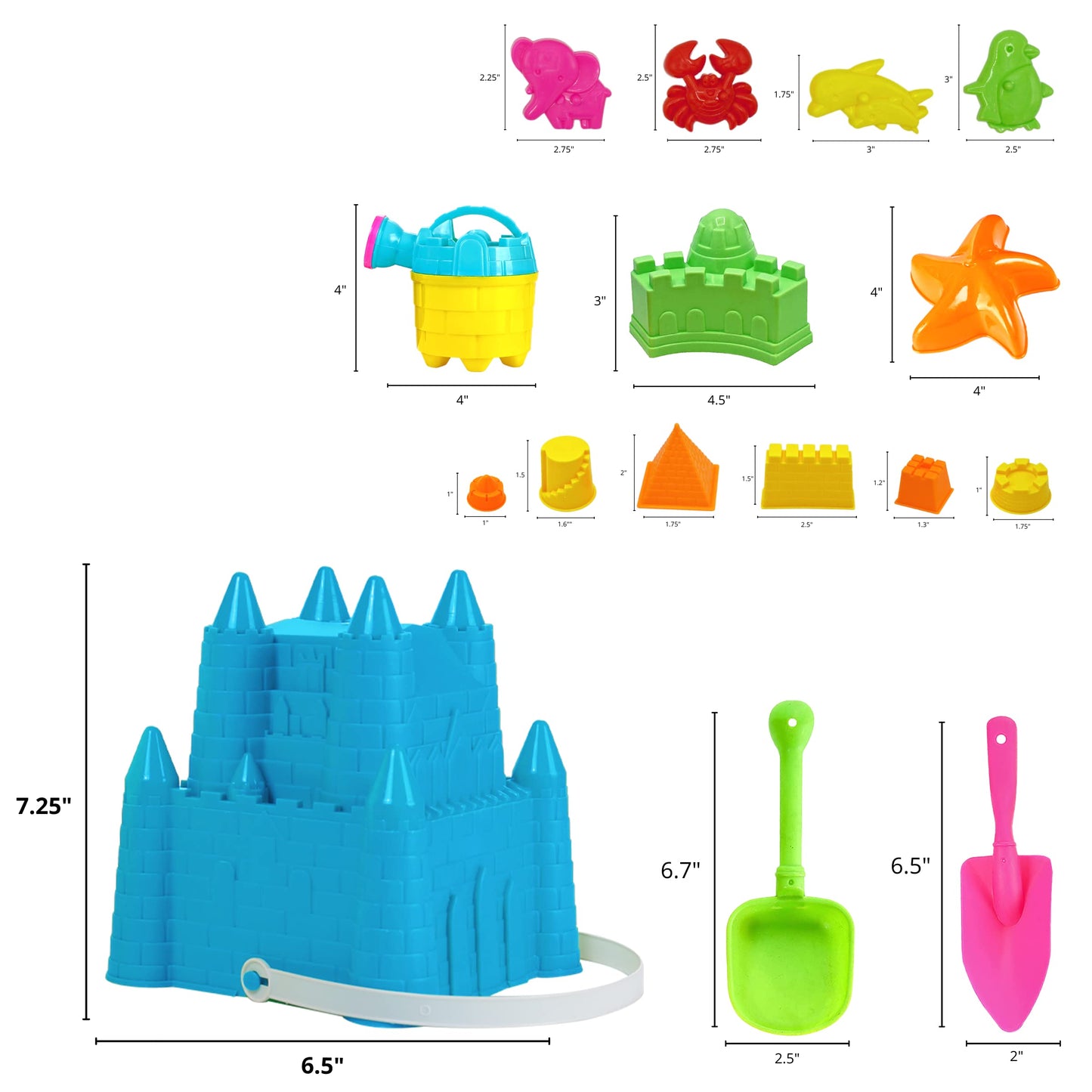 4E's Novelty Beach Toys for Kids with Bag (17 Pcs Set) Castle Beach Bucket with Shovels & Molds - Beach Toys for Kids 3-10, Sand
