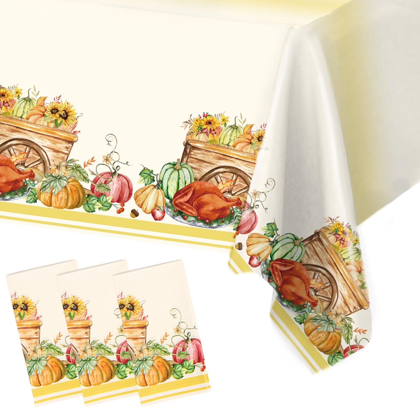 3PCS Fall Tablecloths, Thanksgiving Autumn Harvest Orange Pumpkin Flower Turkey Table Cover for Home Kitchen Party Picnic Thanks