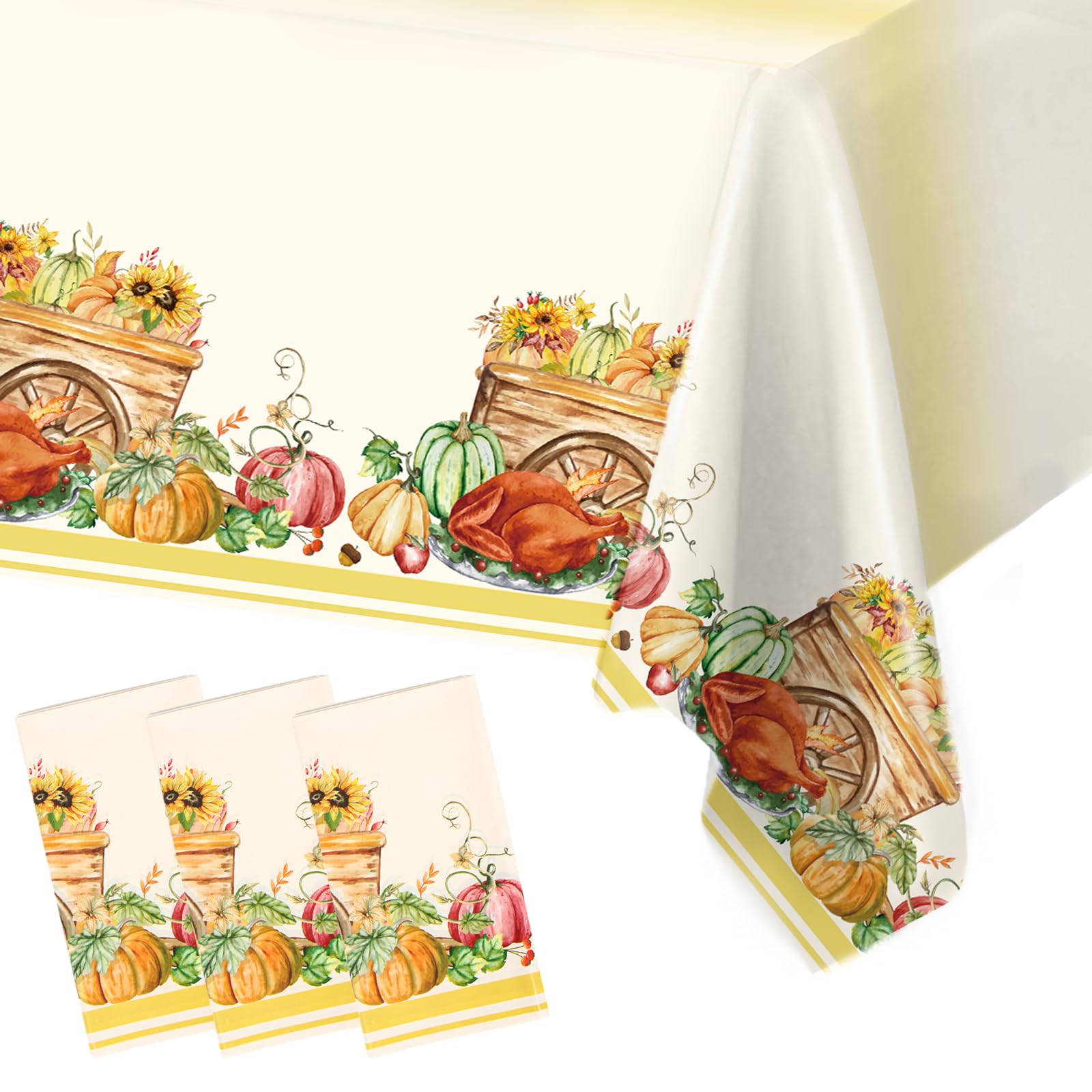 3PCS Fall Tablecloths, Thanksgiving Autumn Harvest Orange Pumpkin Flower Turkey Table Cover for Home Kitchen Party Picnic Thanks