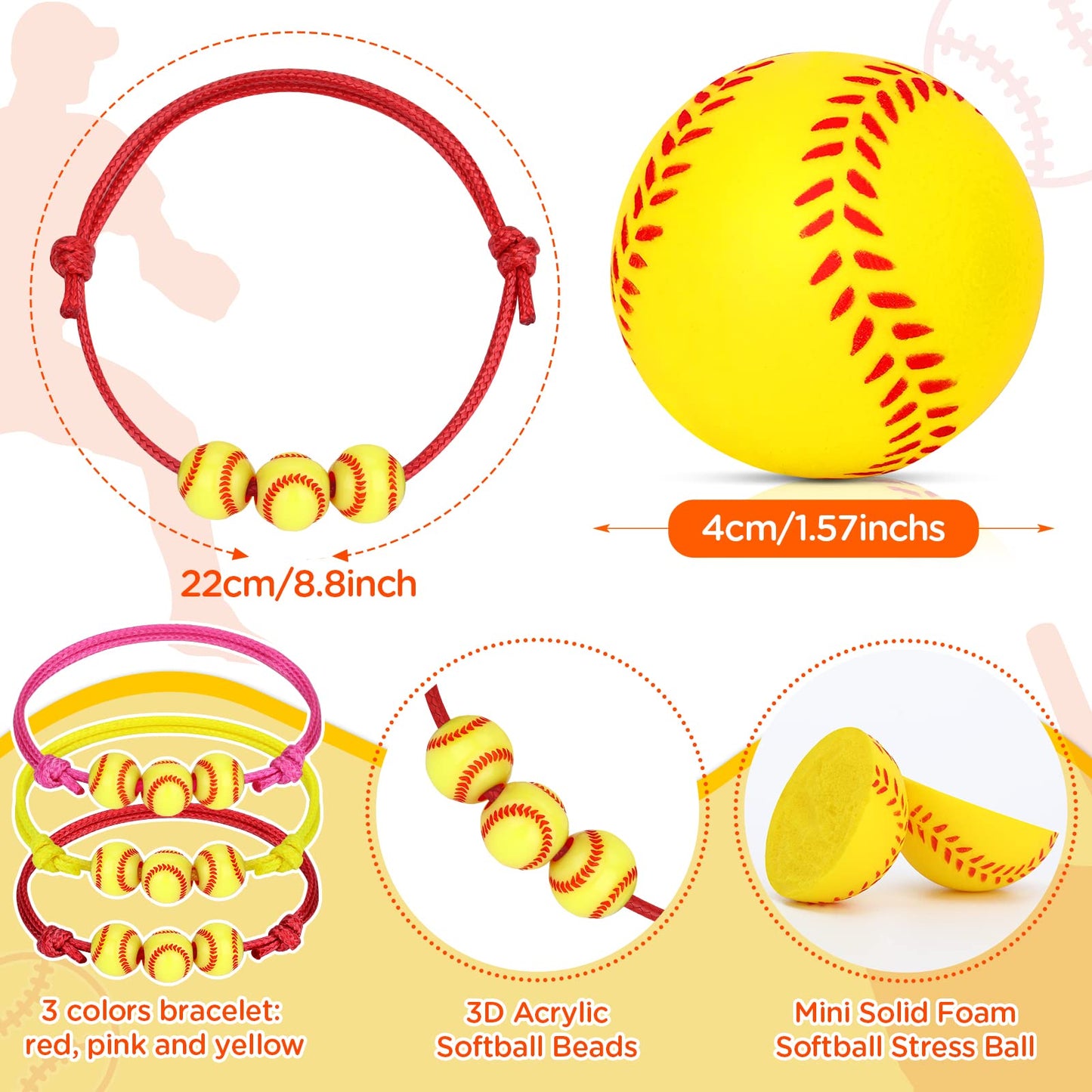 74PCS Softball Party Favors Gifts Softball Charm Bracelets Softball Stress Ball Softball Stickers Softball Adjustable Wristbands