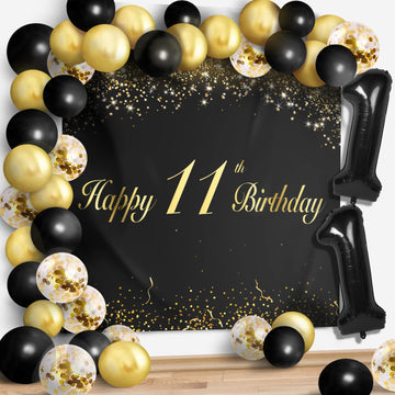 Happy 11Th Birthday Balloons Black Set Decor - Cheers To 11 Years Old Party Theme Garland Banner Backdrop Decorations For Boy An