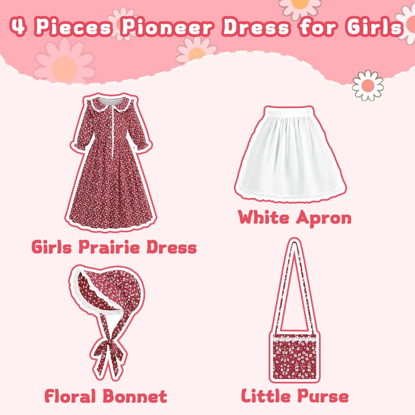 Aoiviss Girls Pioneer Costume Floral Colonial Prairie Dress for Little Kids with Apron and Bonnet, Dark Red