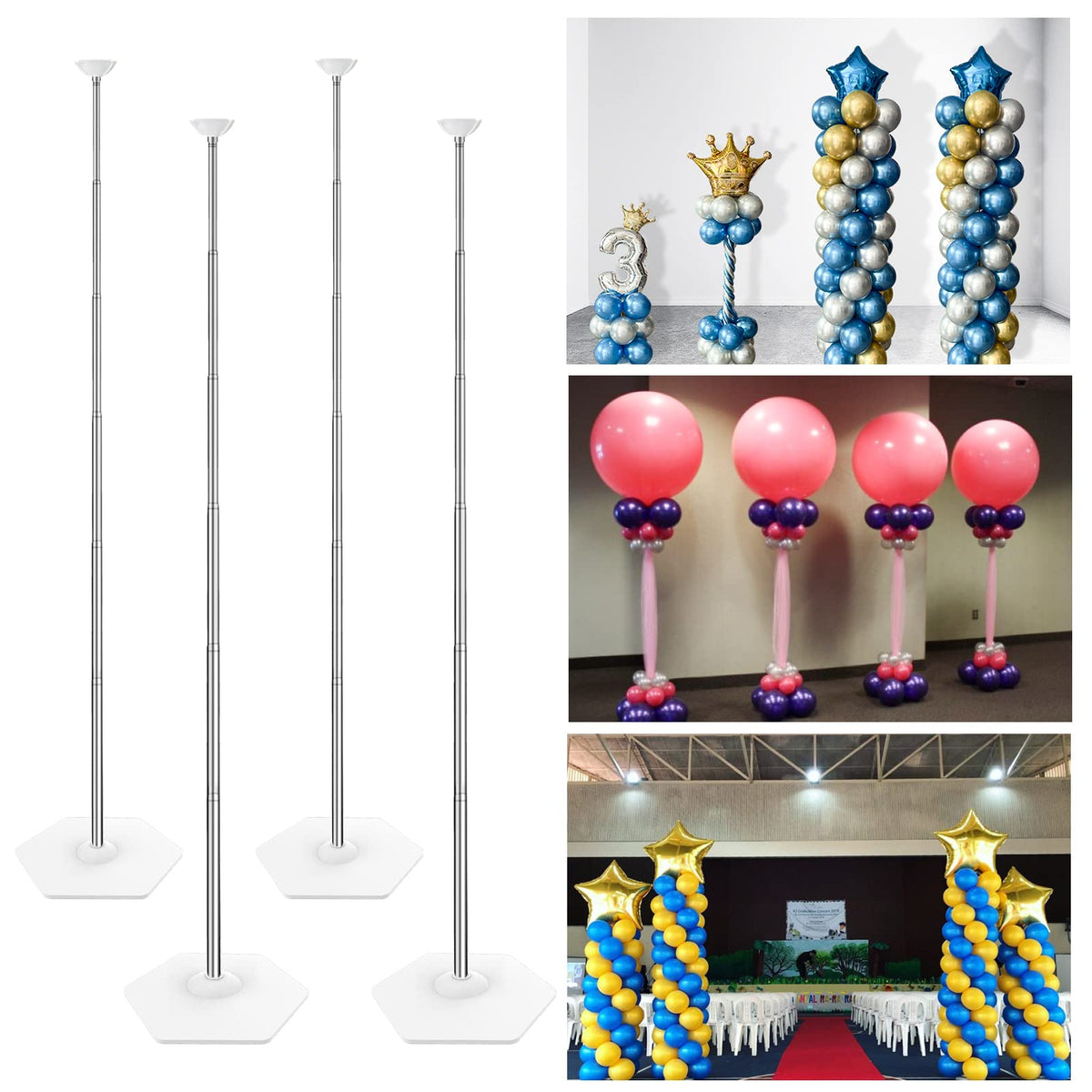 YALLOVE Balloon Column Stand Kit Set of 4, 7 Feet Height Adjustable Balloon Tower Pillar with Reusable Metal Telescopic Design f