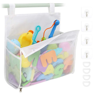 Bath Toy Organizer Multiple Ways To Hang, Extra Large Opening Bathroom Toy Holder, Bottom Zipper Bathtub Toy Storage Bag (White)
