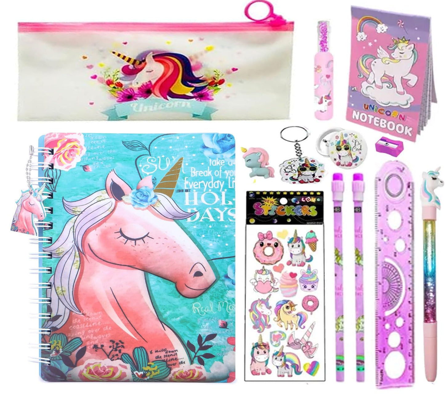 Neel 13Pcs Unicorn Stationery Gift Set For Kids Pencil Case Pencil Pouch With B5 Size Diary & All Stationeries Party Favor Retu