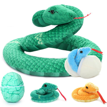 Muiteiur Giant 6 Piece Snake Stuffed Animal, 55 Inch Mommy Snake With 3 Baby&2 Egg, Green Large Jungle Plush Toy, Realistic Serpent Plush Toy Gift For Kids Girls Boys