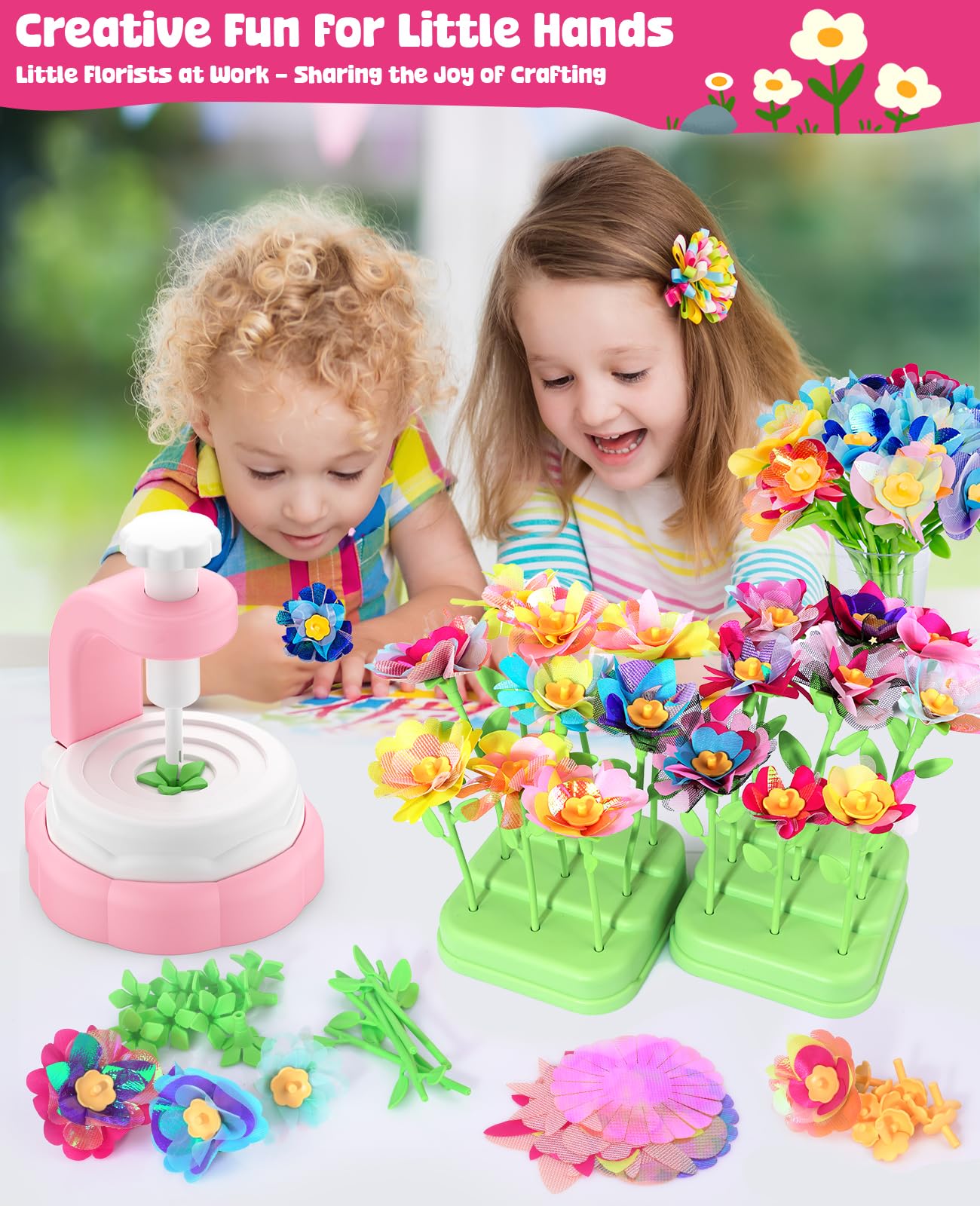 WKYCOE Fabric Flower Bouquets Craft Kit, DIY Arts and Crafts for Kids 4 5 6 7 8 9 Year Toddler Girl - Flowers Market Toy Educati