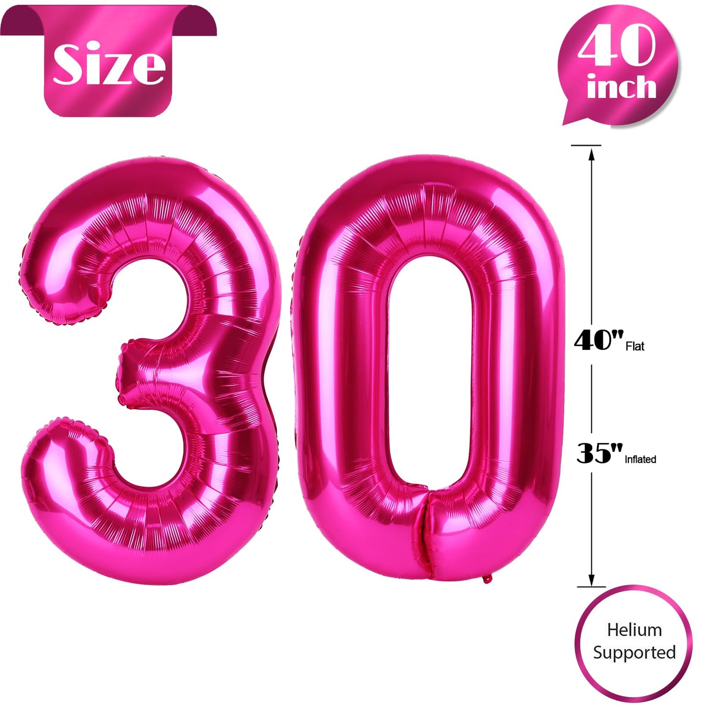 30 Balloon Number, Hot Pink Number 30Th Birthday Balloons 40 Inch, 30 Years Old Hot Pink Birthday Decorations For Men Women, 30T