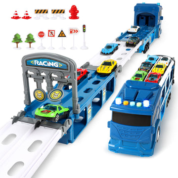 ITEFDTUTNE Carrier Truck Race Car Track Set for Toddlers Toys, 4 FT Race Track and 6 Die-Cast Toy Cars, Truck Toy with Lights &