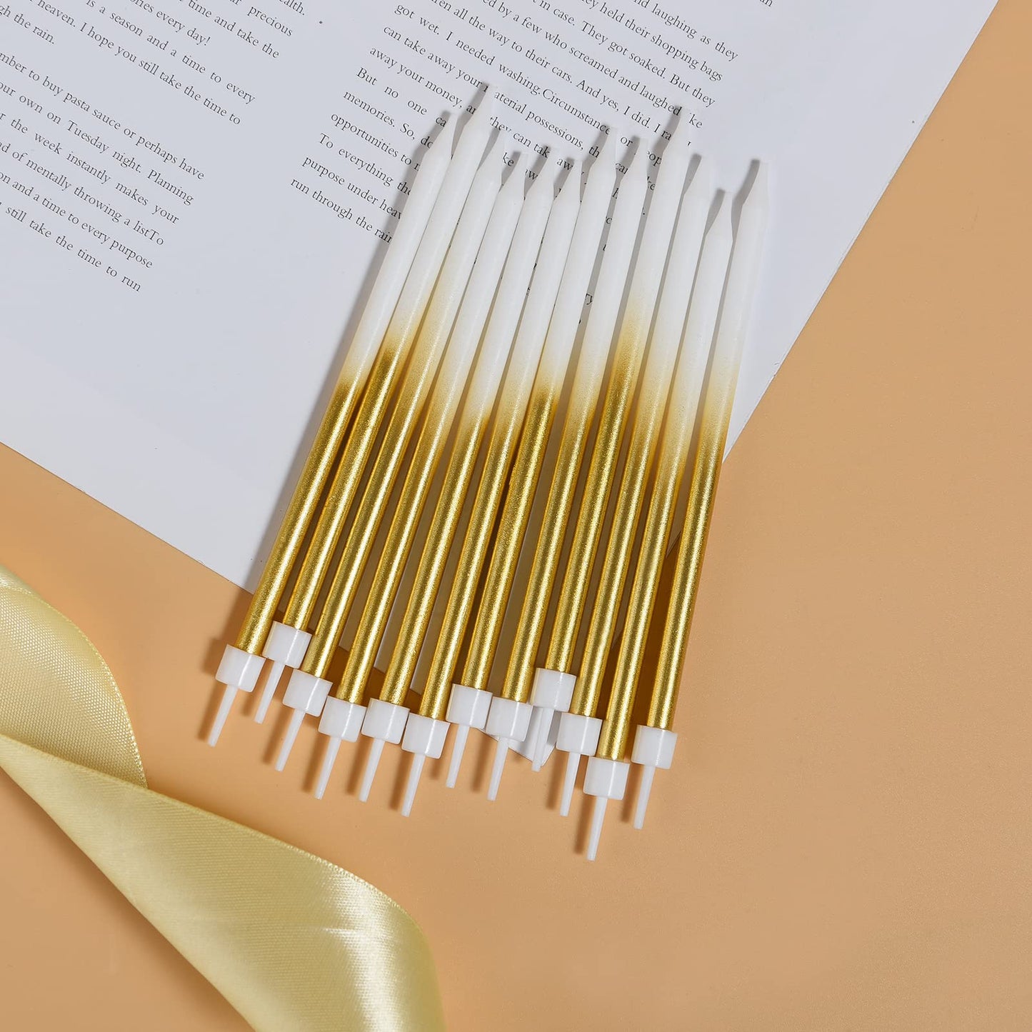 24 PCS White Gold Birthday Candles, Tall Glitter Cuppcake candles Long Thin Cake candles in Holders for Birthday Wedding Party D