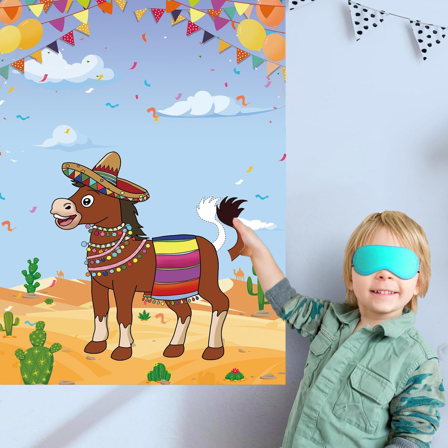 T-Antrix Pin The Tail On The Donkey Party Games For Kids With 21'' X 28'' Mexican Donkey Poster, Reusable Tails Party Supplies F
