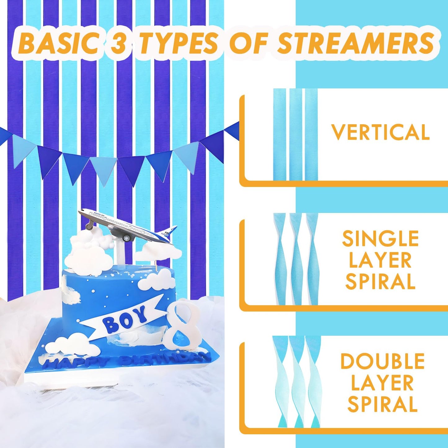 8 Rolls Crepe Paper Streamers 656ft, Pack of Light Blue and Royal Blue Party Steamers Set for Party Decoration Wedding Birthday