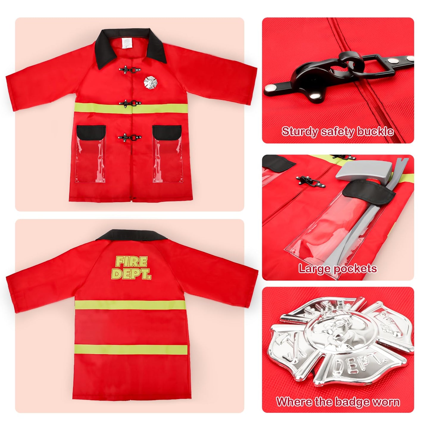 deAO Fireman Costume for Kids - 13 Pcs Toy Set, Red, 12.8 x 10.83 x 4.72 inches, Model 9982, Washable Storage