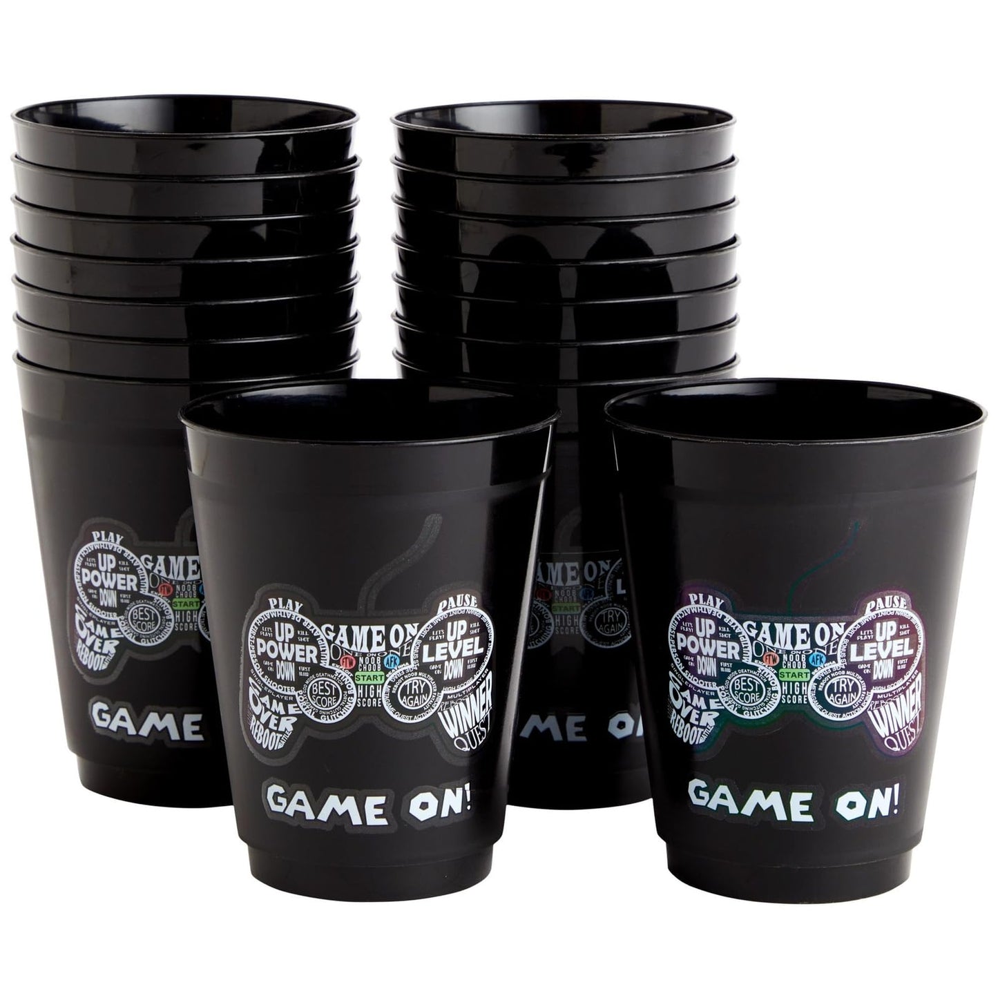 BLUE PANDA Video Game Party Cups for Kids Birthday (16 oz, Black, 16 Pack)