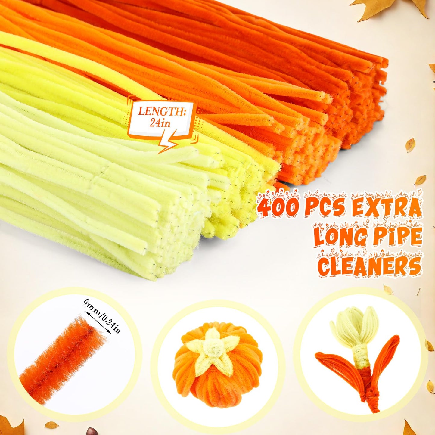 RoundFunny 400 Pcs 24 Inch Extra Long Orange Pipe Cleaners Chenille Stem Thick Fluffy Pipe Cleaners Craft Supplies for Halloween