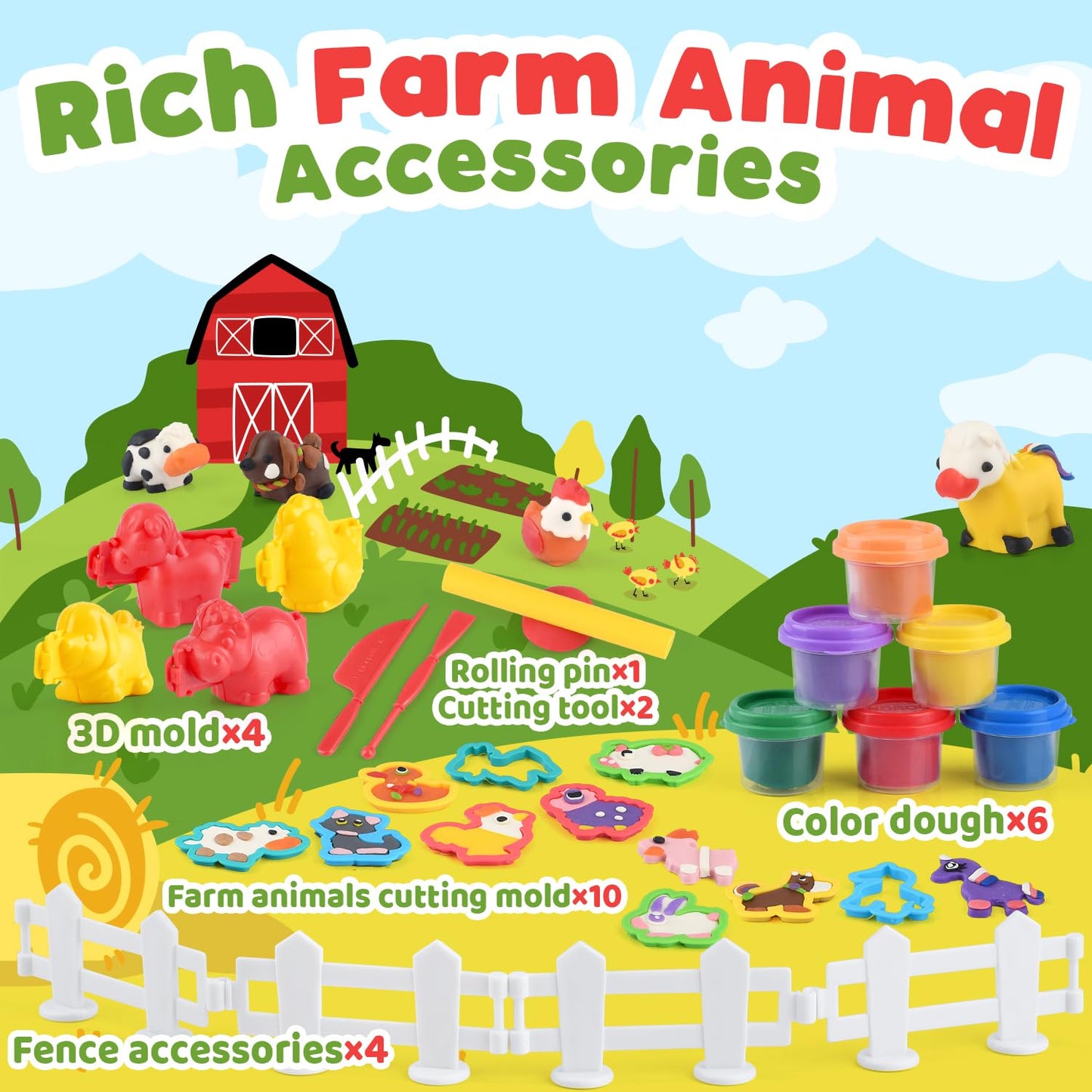 PLAY Farm Animals Clay Sets for Kids Ages 4-8, Color Dough Kit with Animal Molds, Non-Toxic & Safe Toys Gifts for Boys Girls 4-6