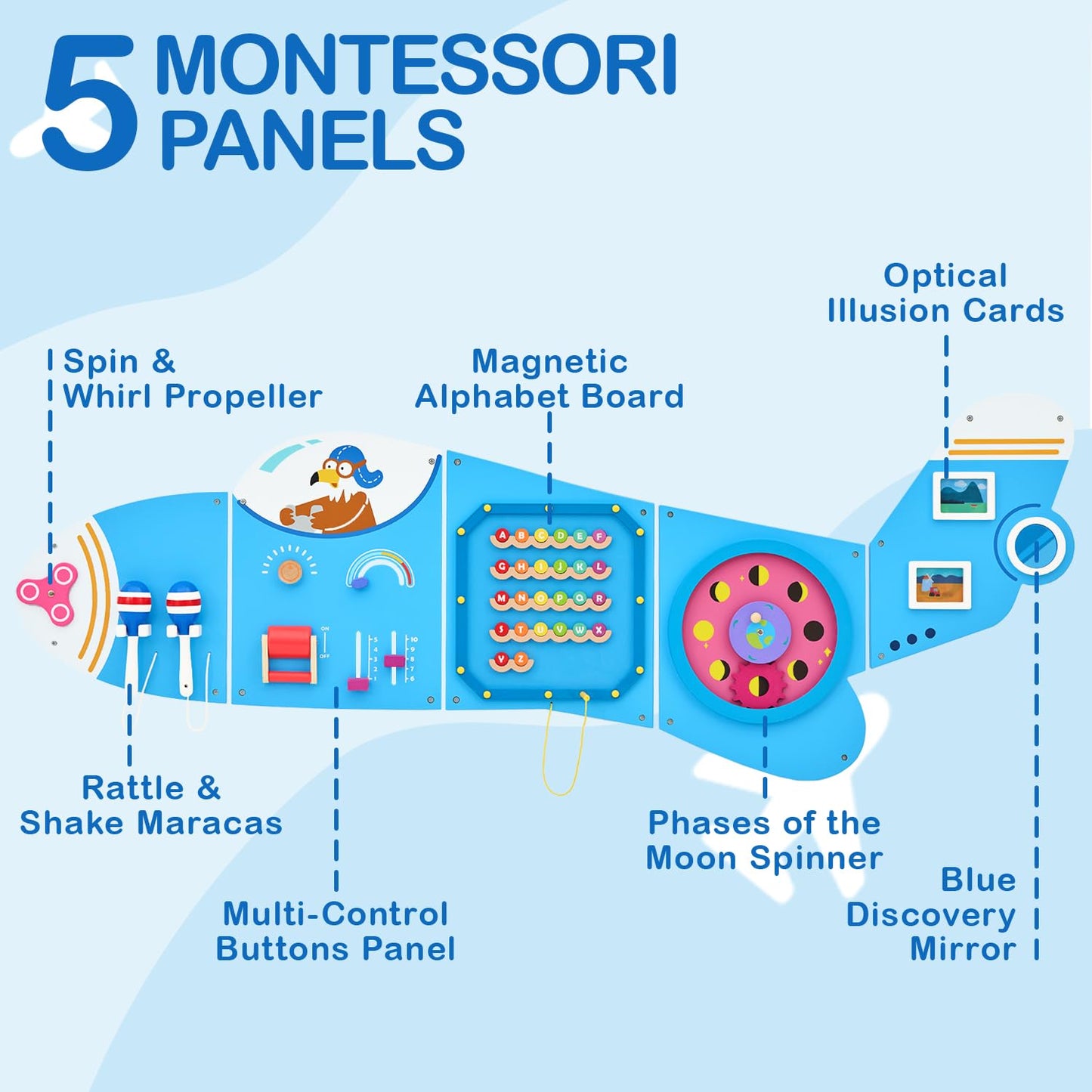 Monlurd Wooden Airplane Activity Wall Panel For Kids, Wall Toys For Toddlers 1-3, Playroom Toys, Daycare Furniture, Montessori B