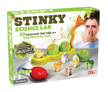 Smartlab Toys Stinky Science Lab - 14 Pieces - 20 Stinky Experiments - Includes 24-Page Activity Book & Pump-Activated Smell-U-Lator