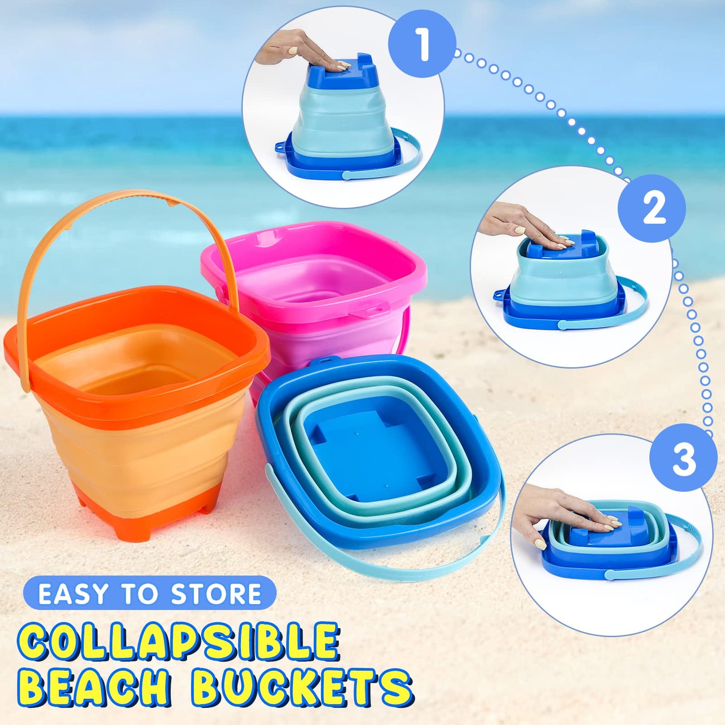 Dreamon Beach Toys for Kids 3-10, Collapsible Sand Castle Toys for Beach Include 3 Pack Foldable Buckets, Shovels Molds and Stor