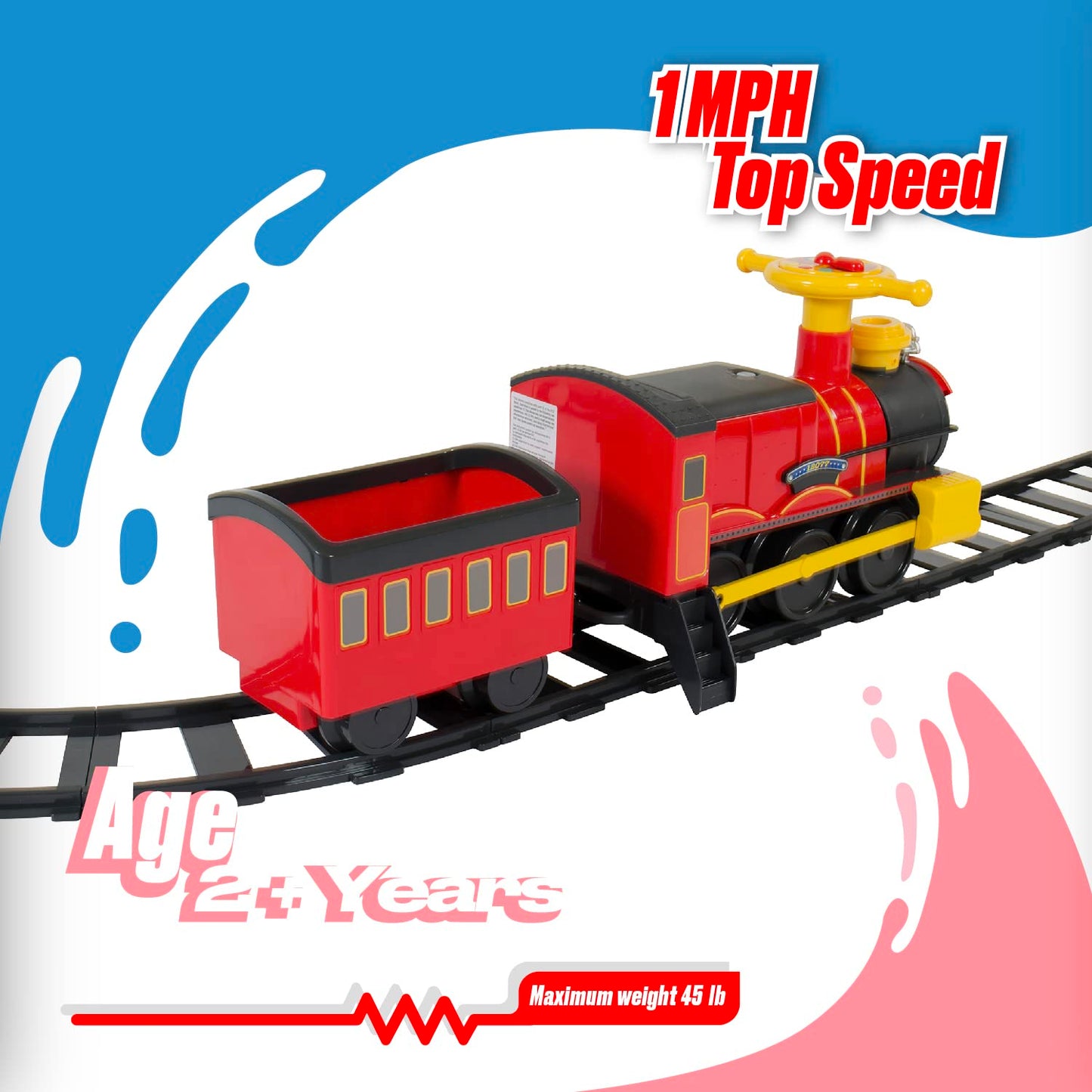 Rollplay Electric Train Ride On for Kids with Real Steam, 22 Track Pieces, Working Headlights, Model 7721AC, Red