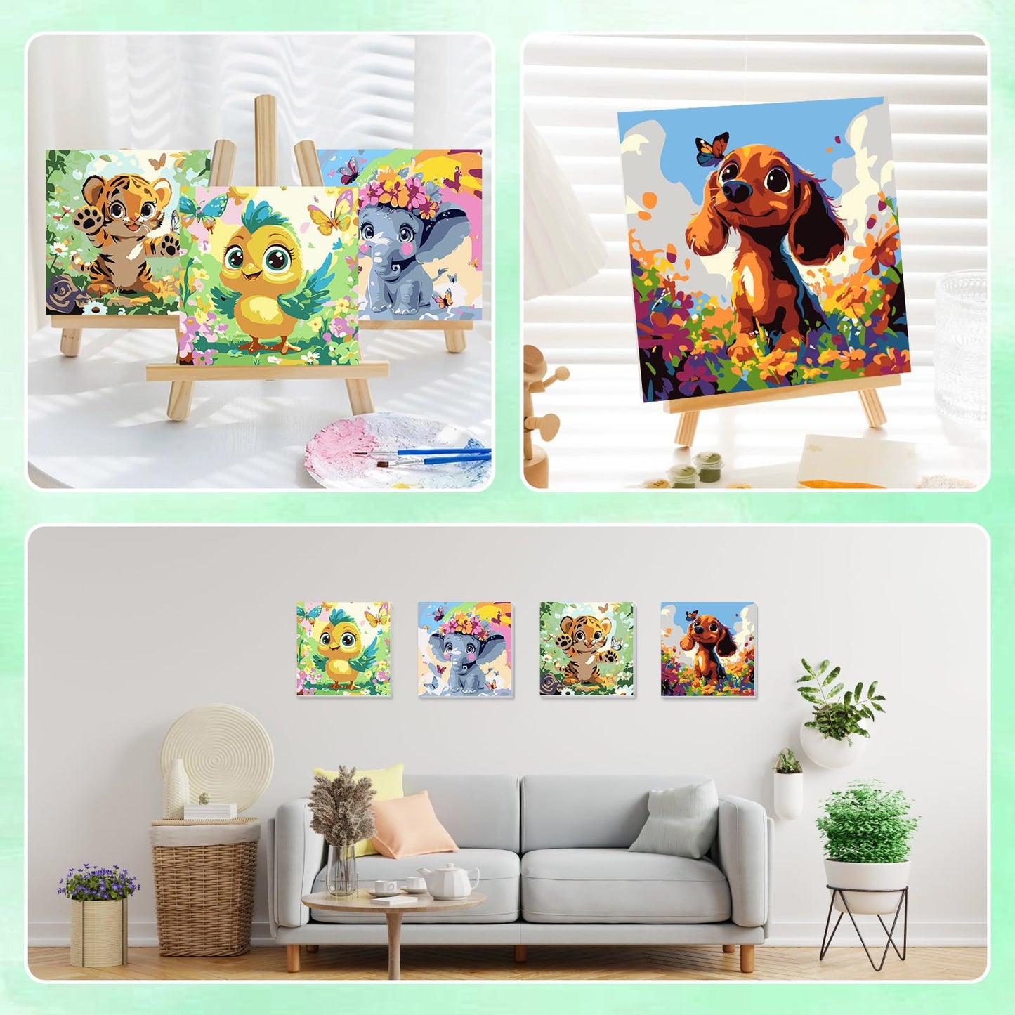 HEIBAGO Framed 4 Pack Paint by Number for Kids,Paint by Numbers for Beginners, Cute Animals Paint by Numbers kit for Kids, DIY A