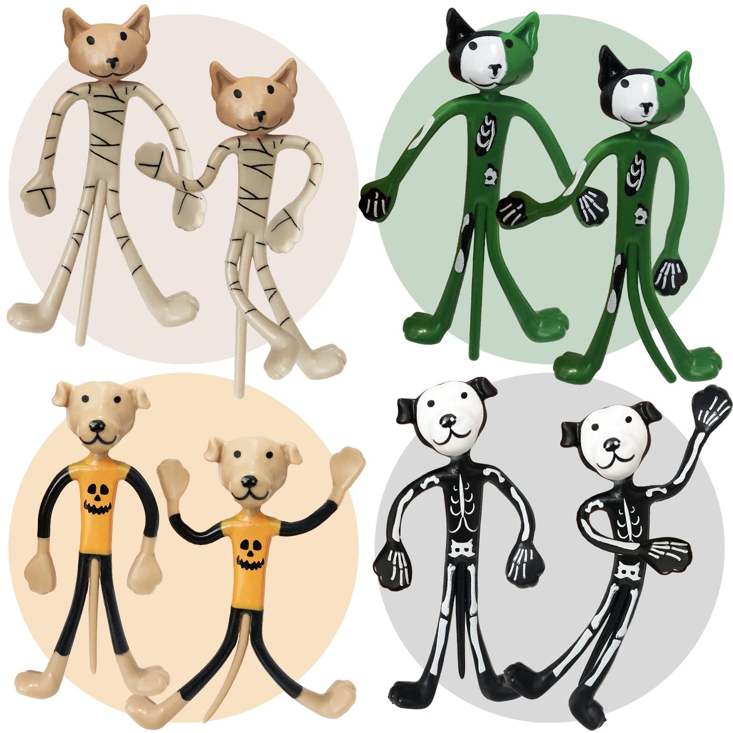 Artcreativity Halloween Bendable Figures, Set Of 12, 3D Halloween Themed Dogs And Cats In 4 Different Designs, Stress Relief Toys For Boys And Girls, And Non-Candy Trick Or Treat Supplies