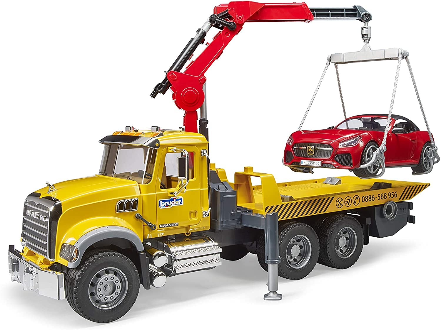 Bruder - Mack Granite Tow Truck with Bruder Roadster (02829) - For Ages (4) and Up - Compatible with bworld Figures