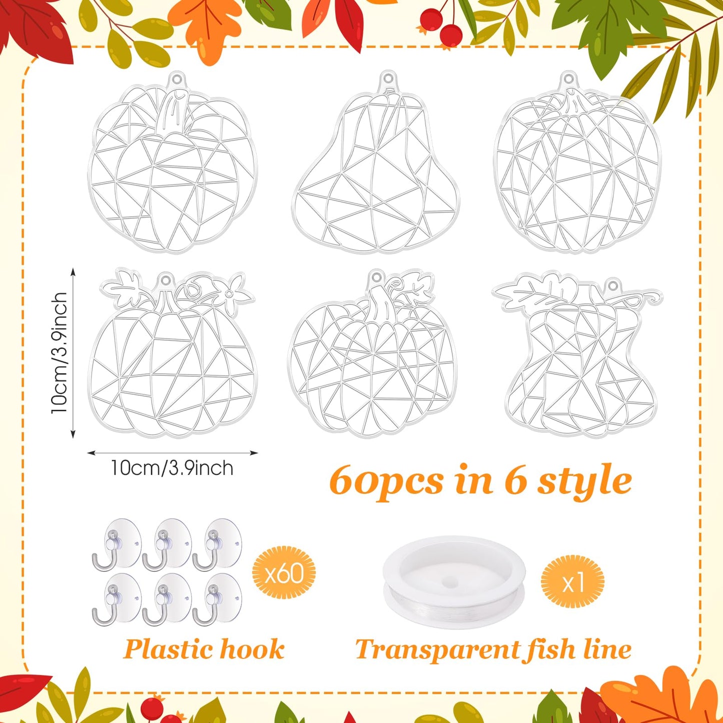 RoundFunny 60 Sets Thanksgiving Fall Craft Pumpkin Suncatchers Thanksgiving Ornaments Decorations Fall DIY Window Paint Art Sunc