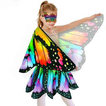Sunlisky Kids Butterfly Wings Costume For Girls Fairy-Wings Mask Party Favors Gifts (Rainbow+Skirt Sets)