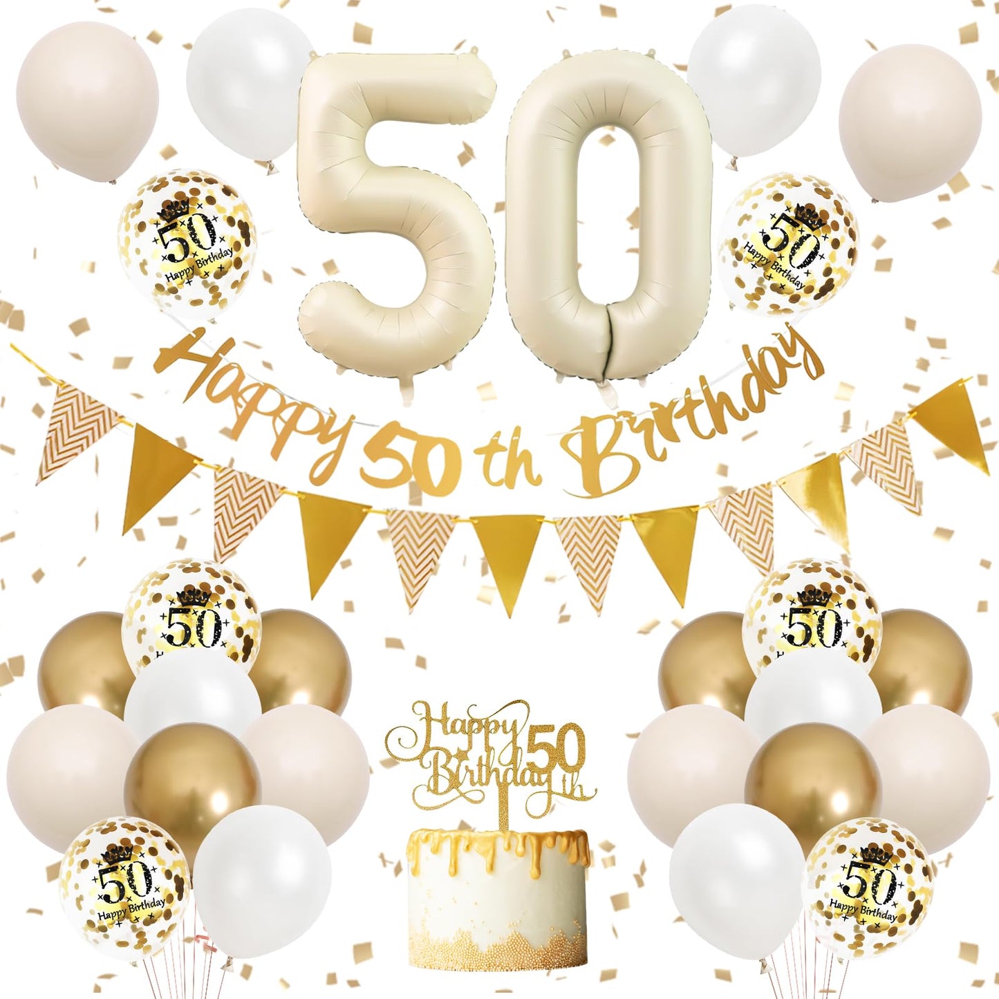 50Th Birthday Decorations Sand White Gold,50Th Birthday Balloons Beige Gold,Happy 50Th Birthday Banner With Cake Toppers Number