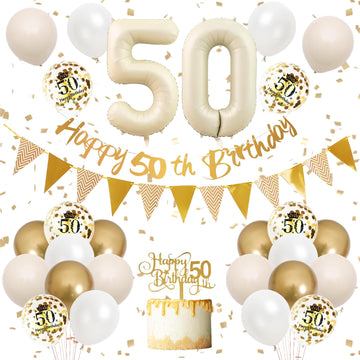 50Th Birthday Decorations Sand White Gold,50Th Birthday Balloons Beige Gold,Happy 50Th Birthday Banner With Cake Toppers Number