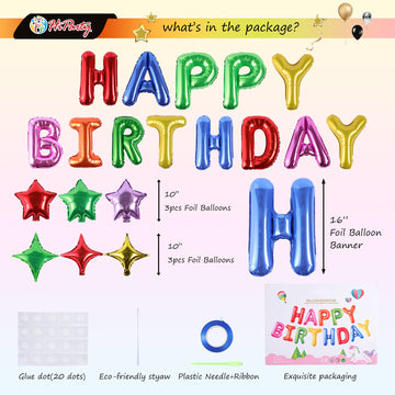 Birthday Balloons Banner, 3D Mylar Foil Happy Birthday Balloons, 24Pcs Birthday Party Decorations With 6Pcs Star Balloons For Ki
