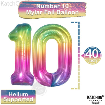 KatchOn, Giant Rainbow 10 Balloon Number - 40 Inch | 10th Birthday Decorations | Rainbow 10th Birthday Balloons for 10 Birthday
