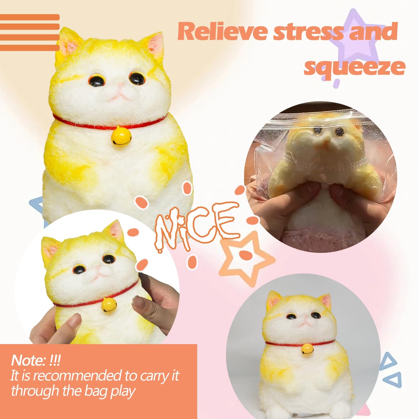 Taba Giant Cat Squishy for Kids Adults, Big Furry Cat Squishy Toys for Stress Relief, Super Soft Squeeze Fidget Toy (Golden Shad