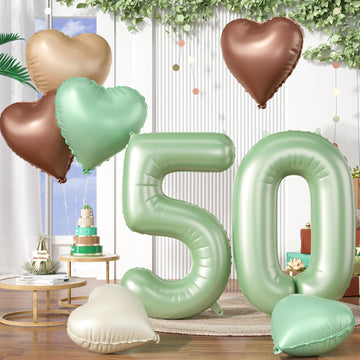 Biapian 40 Inch Sage Green Number 50 Balloons, Large Foil Number 5 & 0 Balloons With 18'' Olive Green Heart Balloon For 50Th Yea