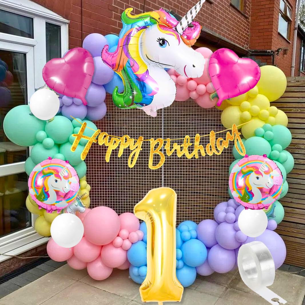 Flyloons Unicorn Theme 1St Birthday Decoration Kit For Girls Boys Kids Baby Girl 1 Year With Foil Pink Heart Purple Yellow Mint 
