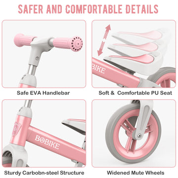 Bobike Toddler Balance Bike Toys For 1 To 3 Year Old Girls Boys Adjustable Seat And Handlebar No-Pedal Training Bike Best Gifts For Kids (Pink)