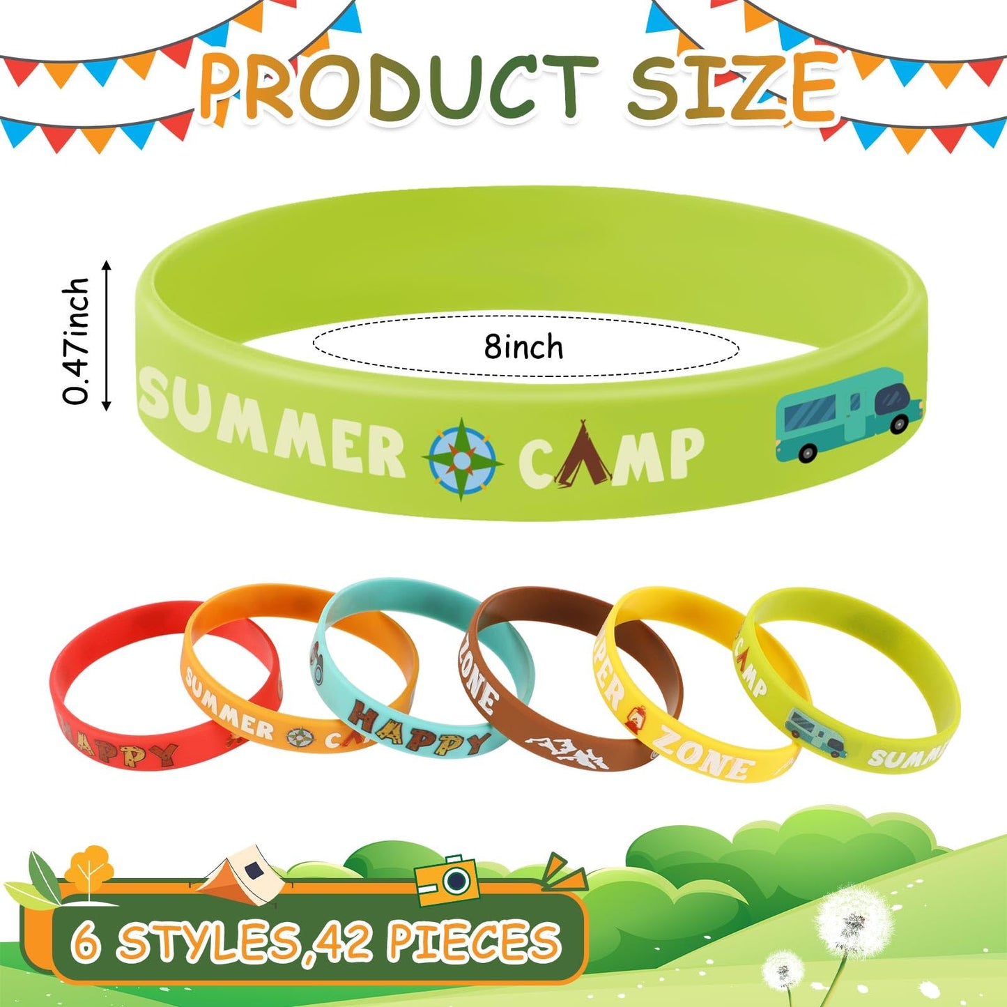 Junebrushs 42Pcs Camping Party Favors Silicone Bracelets Summer Camping Theme Rubber Wristbands Accessories For Adults Camping Adventure Birthday Party Decorations Gift Supplies